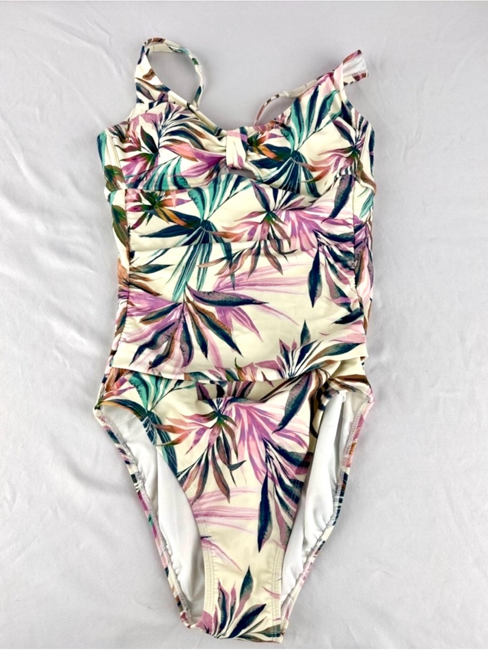 Shade & Shore Cream One-Piece Swimsuit with Pink & Teal Tropical Print